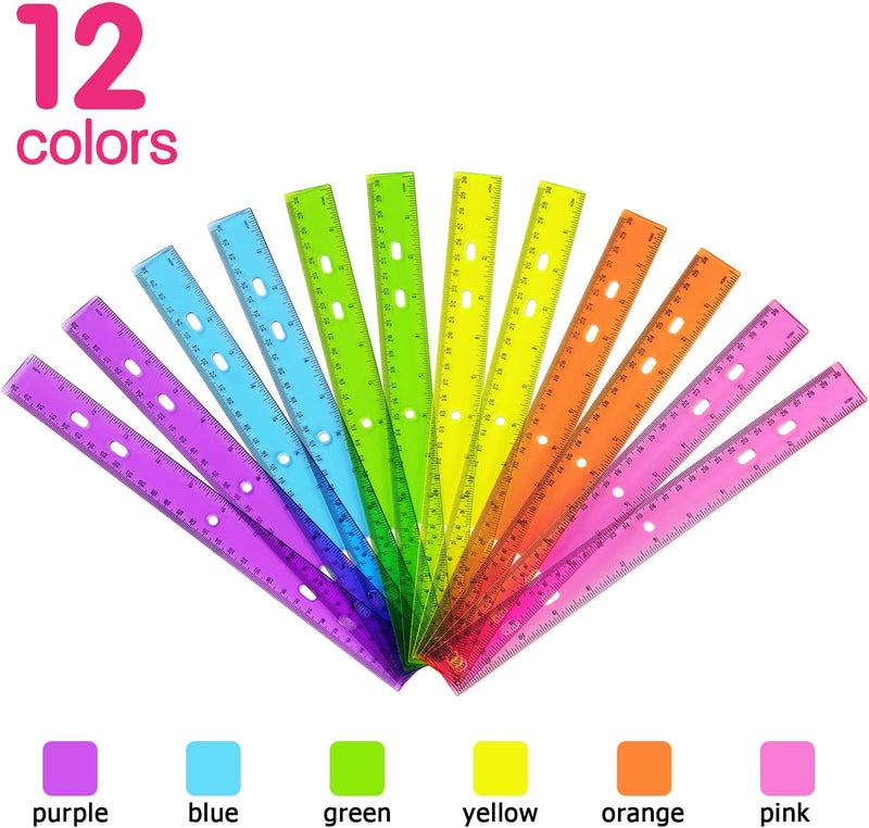 ZZTX 12 Pack Color Transparent Ruler Plastic Rulers 12 Inch, Metric Bulk Rulers with Inches and Centimeters, Kids Ruler for School, Home, Office - Image 2